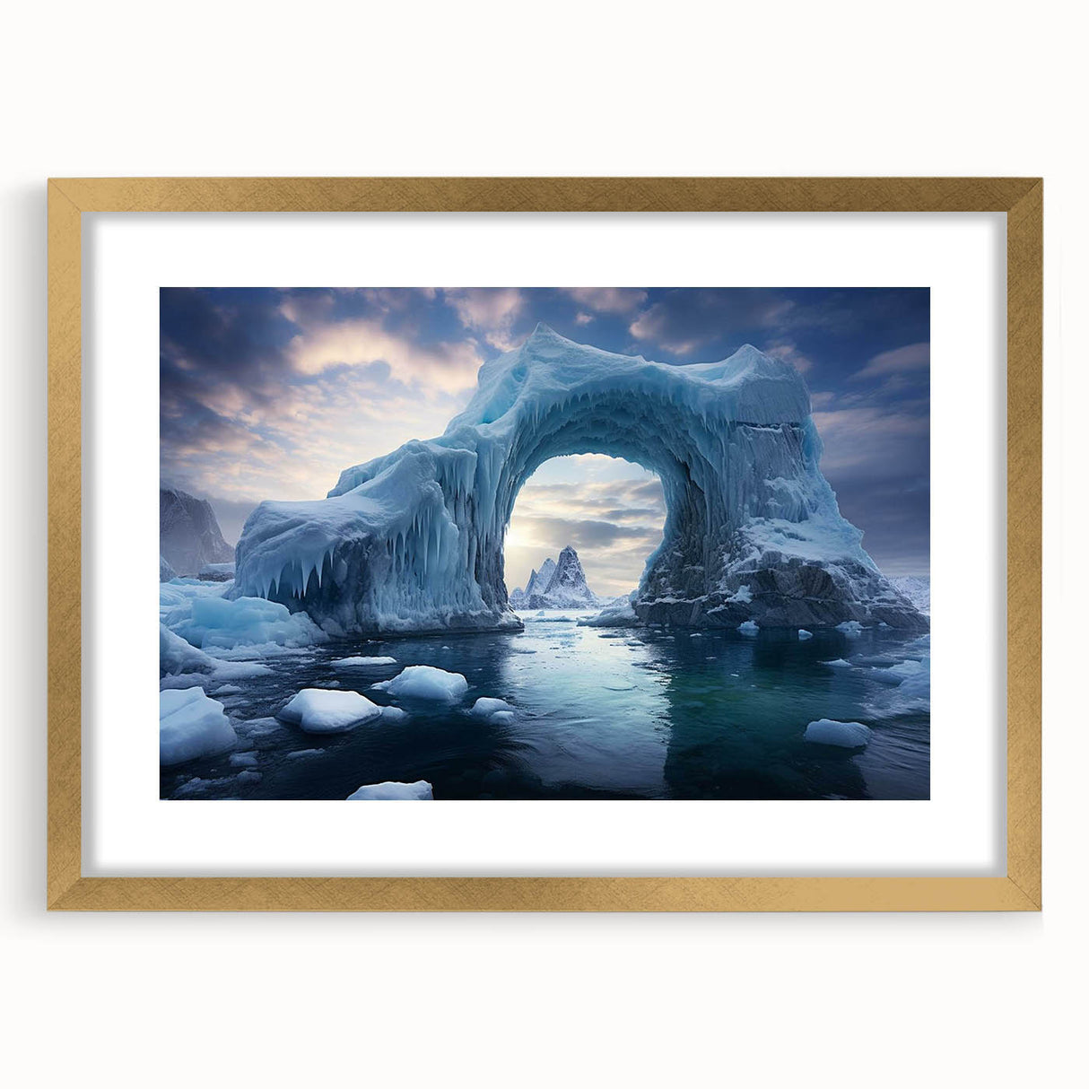 Framed wall art featuring a stunning iceberg landscape design, highlighted by a gold frame and mat. Ideal for enhancing modern home décor with a touch of elegance.