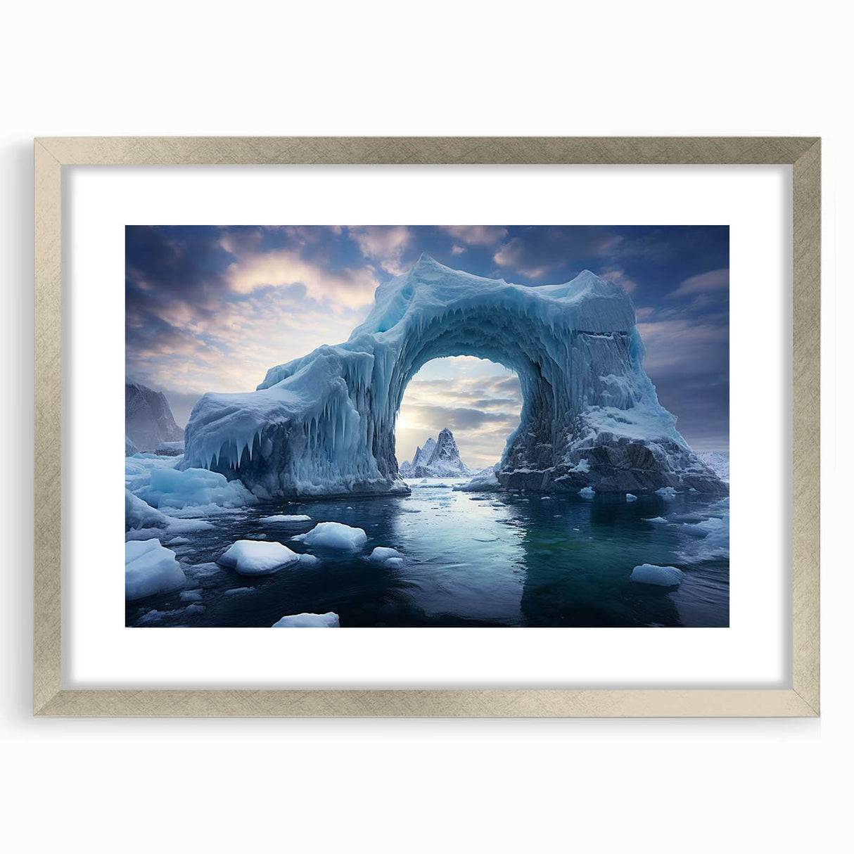 Framed wall art showcasing a stunning iceberg landscape design with a silver mat, perfect for enhancing modern home decor and creating a serene atmosphere.