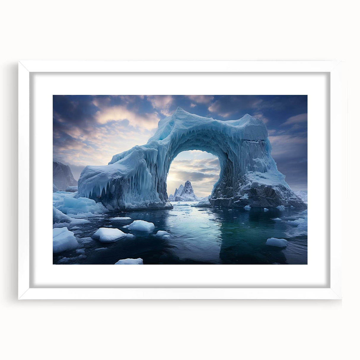 Framed wall art featuring a stunning iceberg landscape design, showcasing vibrant blue and white hues, with a sleek white mat and contemporary styling, perfect for modern decor.