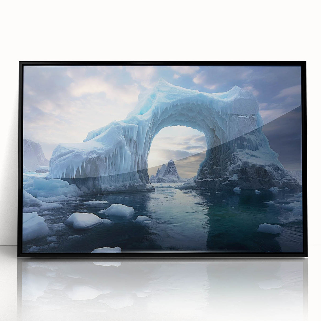 Framed acrylic wall art featuring a striking iceberg design in shades of blue and white, set against a sleek black frame, ideal for modern decor.