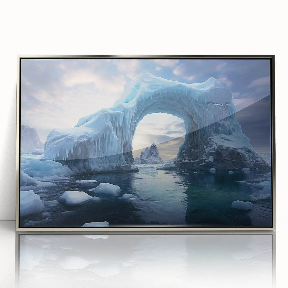 Framed wall art featuring a stunning iceberg landscape design with silver accents, showcasing vivid blue and white hues, ideal for modern home decor.