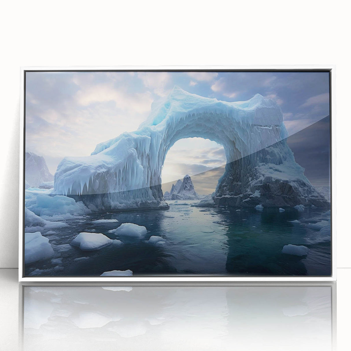 Framed acrylic wall art featuring a stunning iceberg landscape design with vibrant blue hues, elegantly displayed against a white background, perfect for modern home decor.