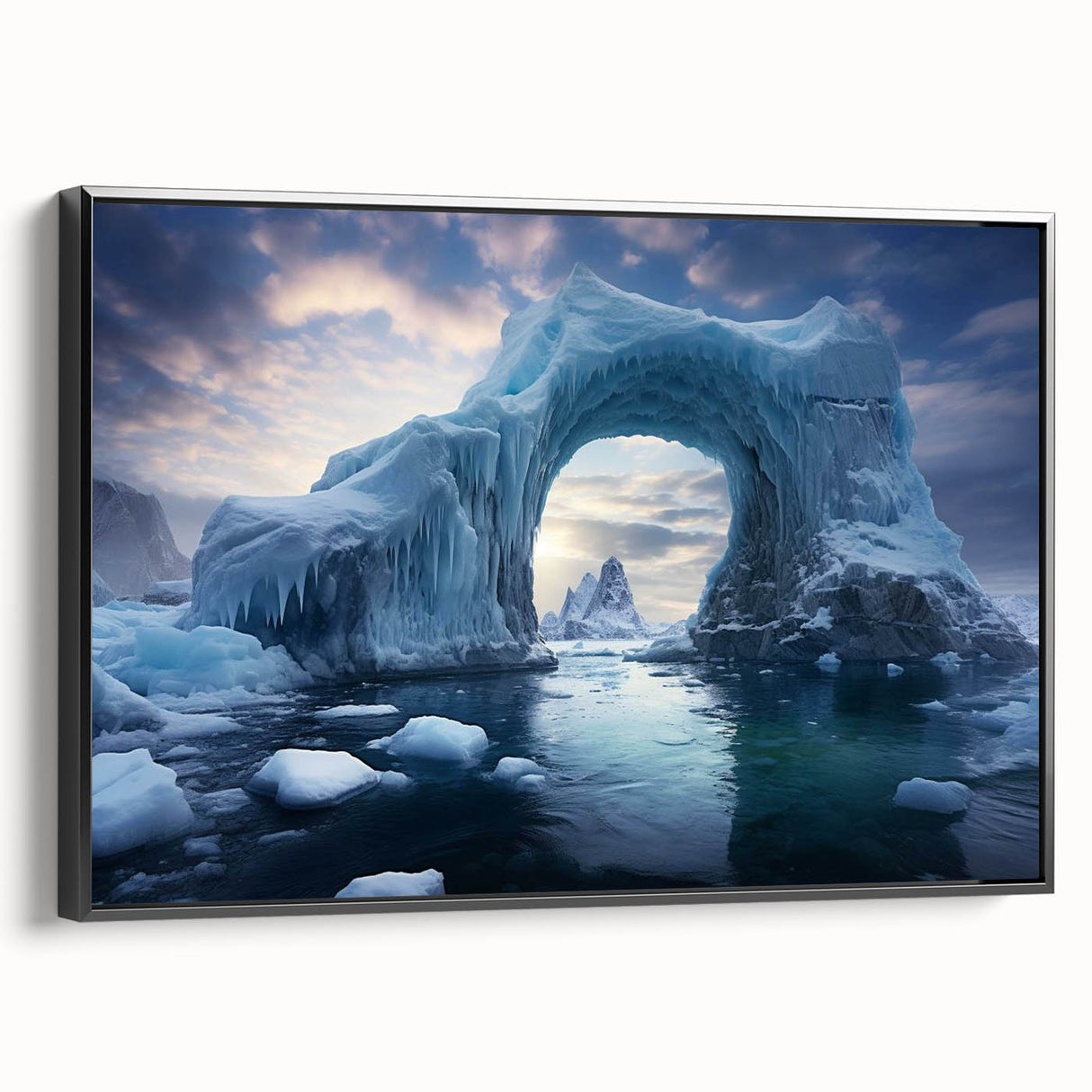 Framed canvas wall art showcasing a striking iceberg design in vibrant blues and whites, presented from a side view with a sleek black frame, perfect for modern decor.