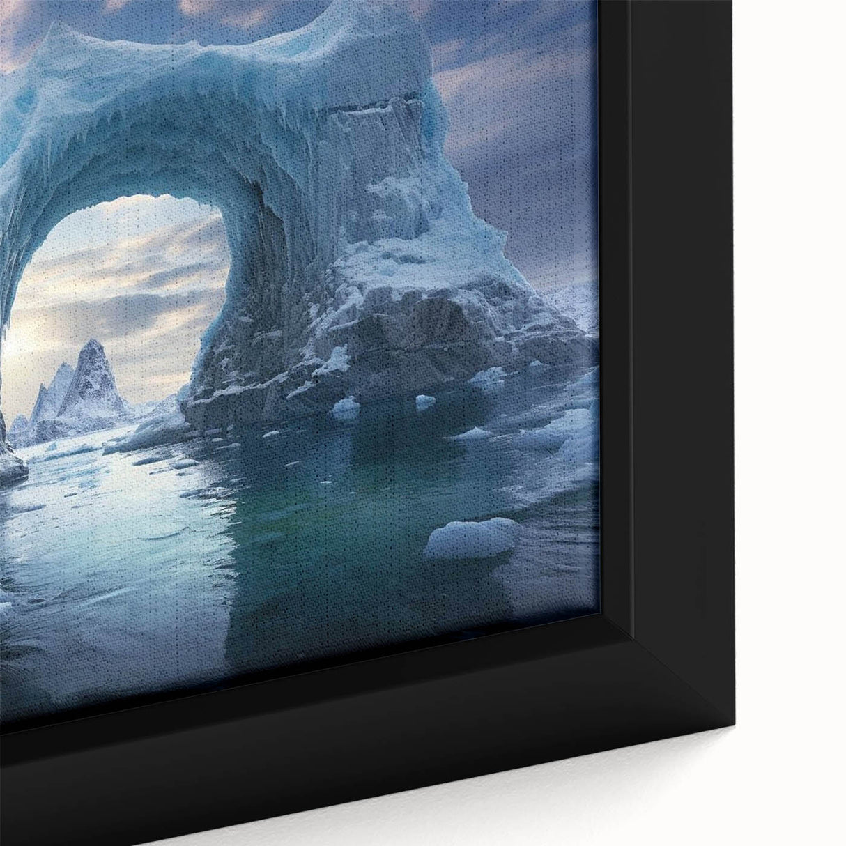 Framed canvas wall art showcasing a close-up view of a stunning iceberg design, featuring cool blue hues and intricate textures, perfect for modern decor.