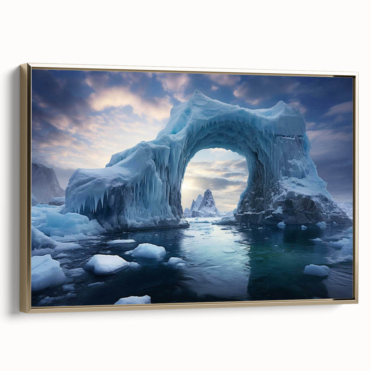 Framed canvas wall art showcasing a stunning iceberg landscape design with a gold frame, perfect for enhancing modern home decor and adding a touch of elegance.