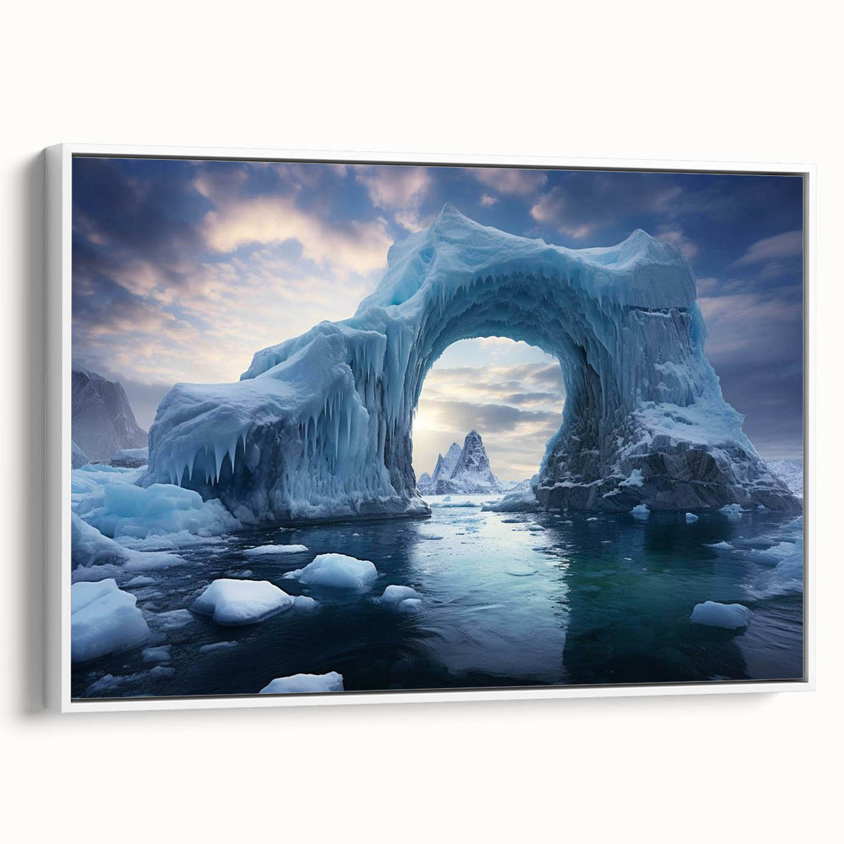 Framed canvas wall art featuring a serene iceberg landscape design, showcasing cool blue and white hues, ideal for modern home decor accentuating tranquility.