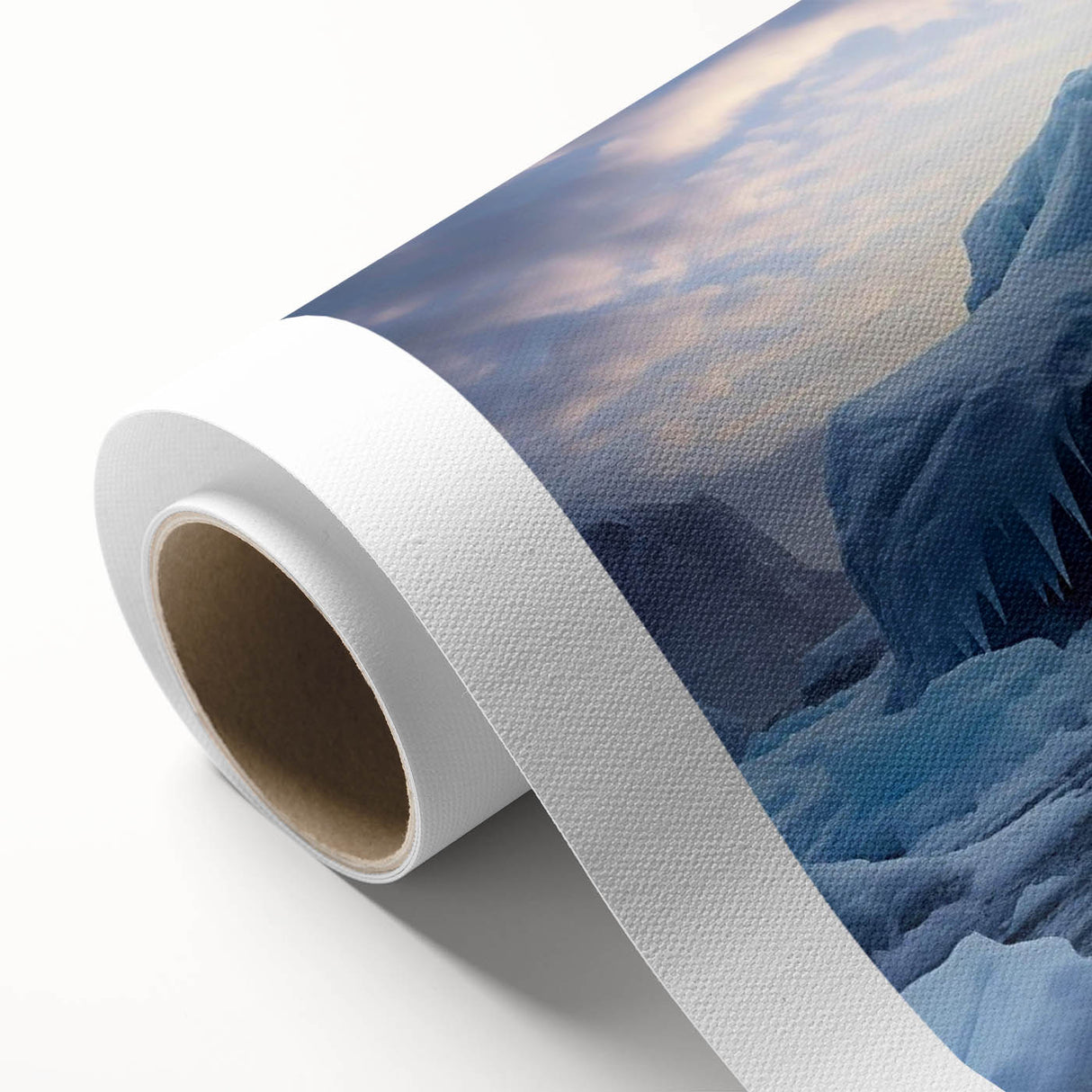 Stunning rolled canvas art piece showcasing a vibrant iceberg landscape design, featuring cool blue tones and intricate details, perfect for modern home decor.