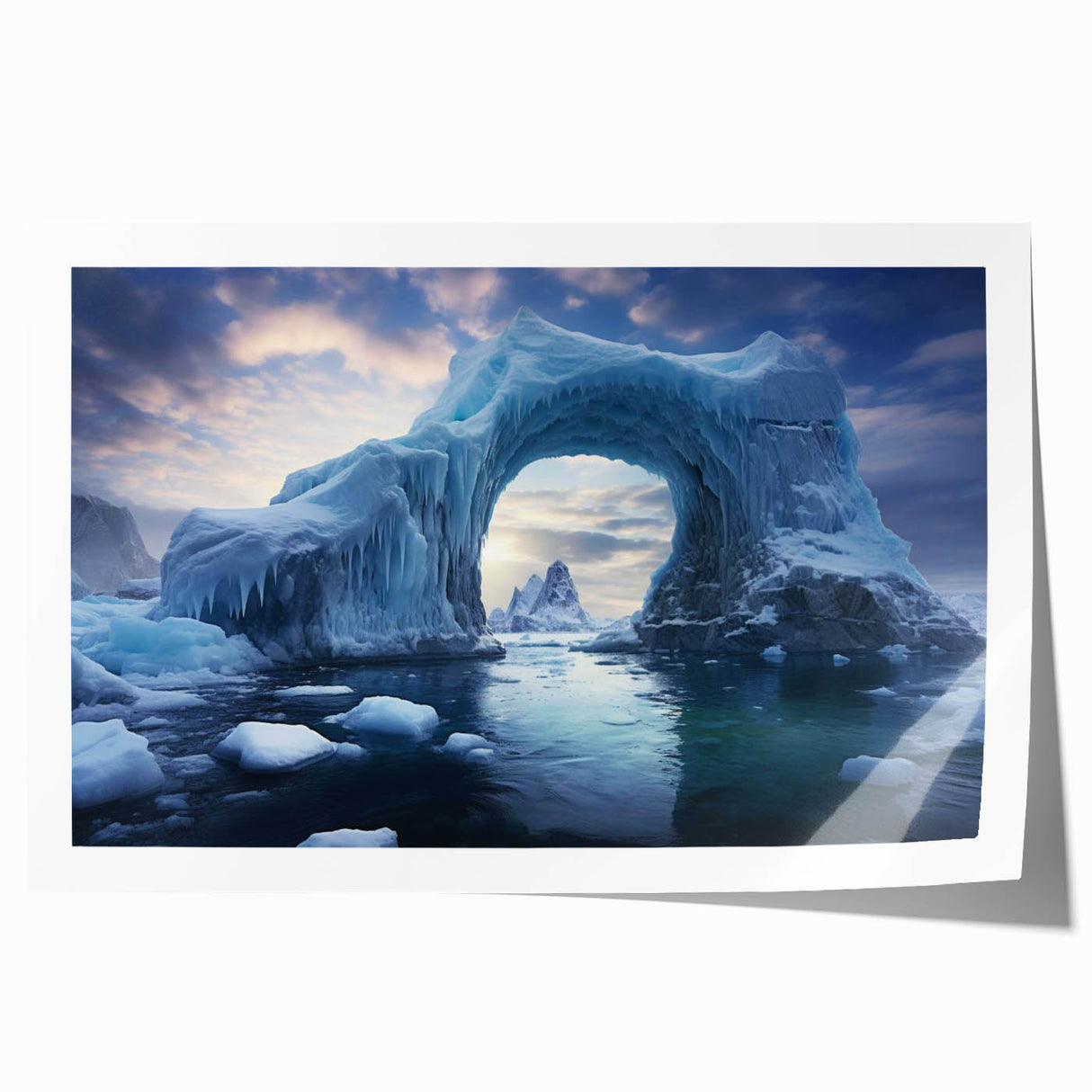 Vibrant rolled print showcasing a stunning iceberg landscape design, featuring icy blues and whites, perfect for modern home decor. Packaged securely for safe shipping.
