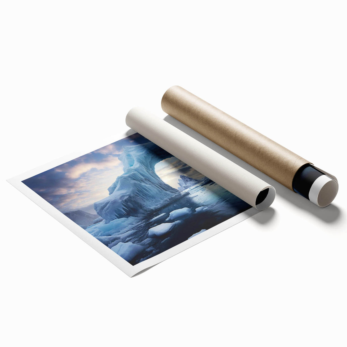 Abstract iceberg design wall art print showcasing shades of blue and white, rolled and ready for display, perfect for enhancing modern interior decor.