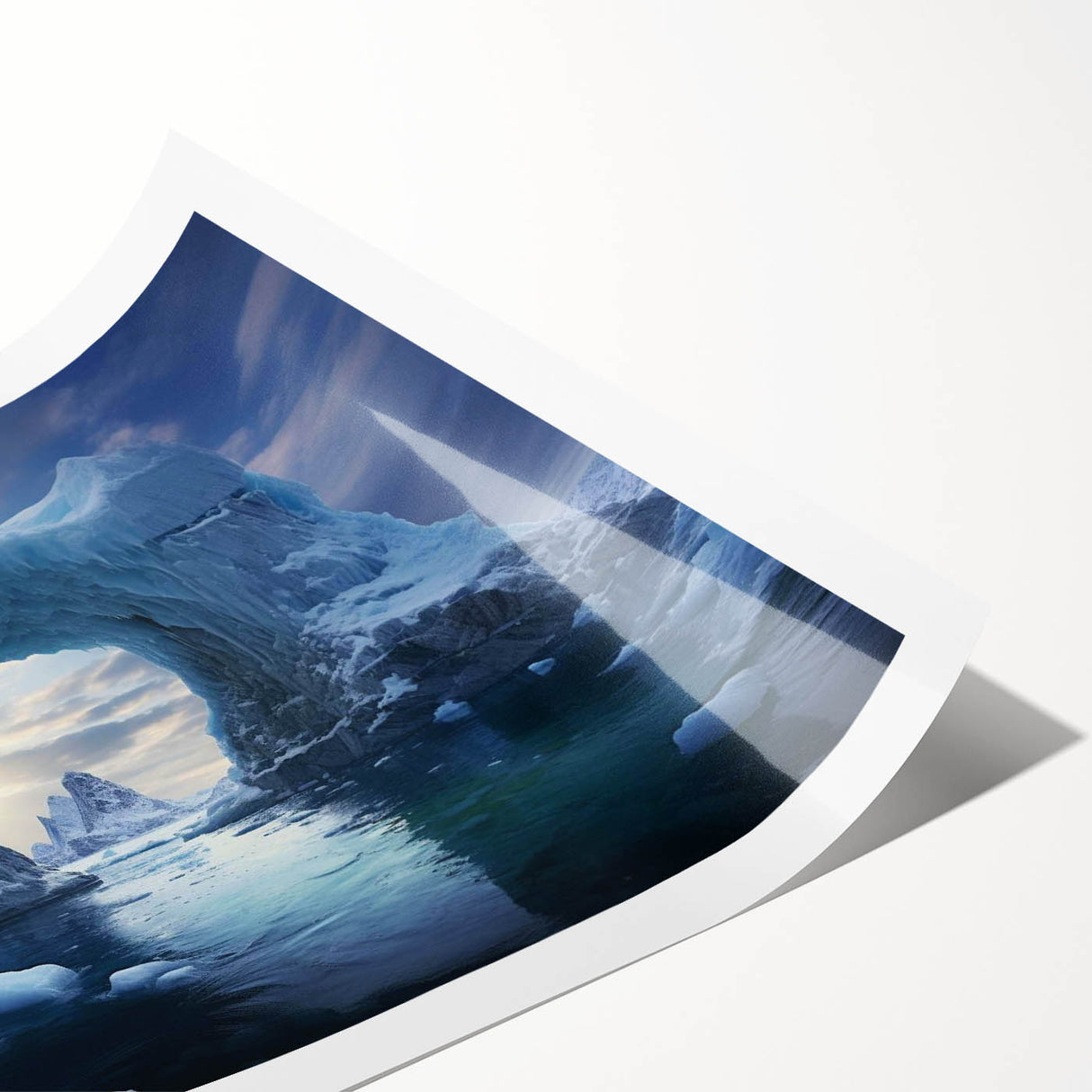 Stunning rolled print of iceberg landscape wall art, showcasing vibrant blues and whites, ideal for modern decor. Perfectly packaged in a protective tube.