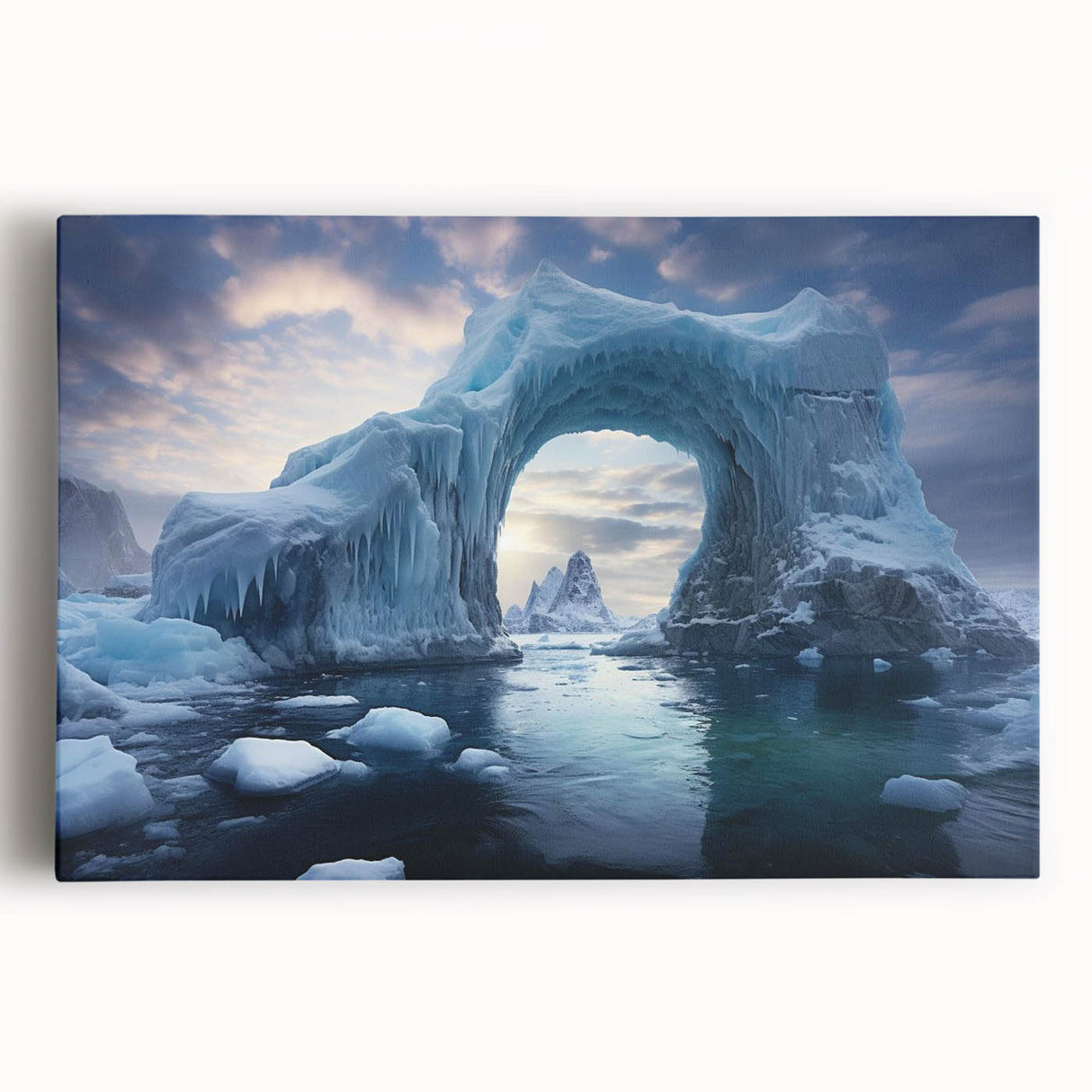 Stretched canvas wall art featuring a stunning iceberg landscape design, showcasing vibrant blues and whites, perfect for modern home decor and enhancing any space.