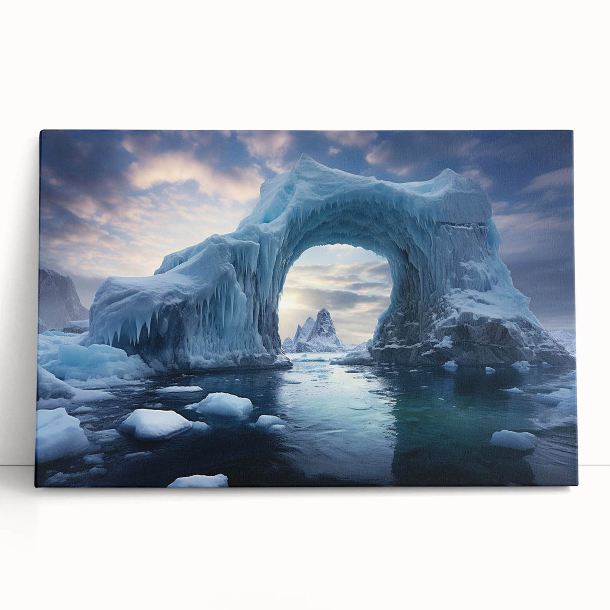Stretched canvas wall art showcasing a stunning iceberg landscape design with vibrant colors and intricate details, perfect for enhancing modern home decor.