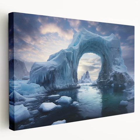 Stretched canvas featuring a stunning iceberg landscape design, showcasing vibrant blues and whites with intricate details. Ideal for modern home decor, this wall art adds a serene touch to any space.