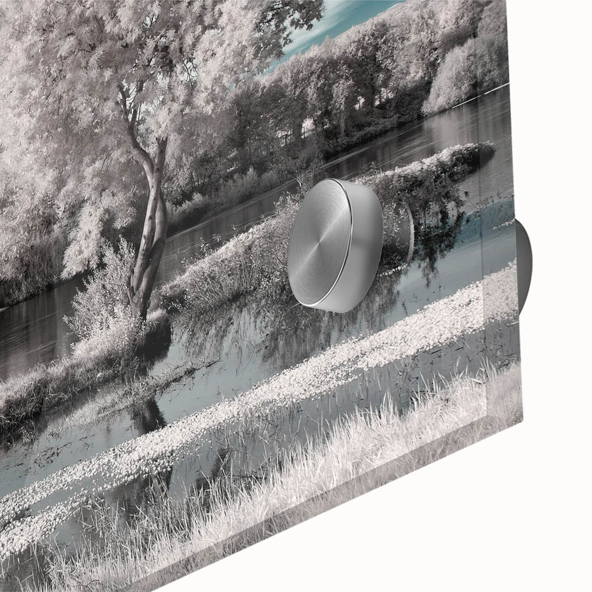 Close-up of a vibrant landscape wall art piece featuring serene lakes and abstract designs, printed on acrylic glass, ideal for modern home decor.