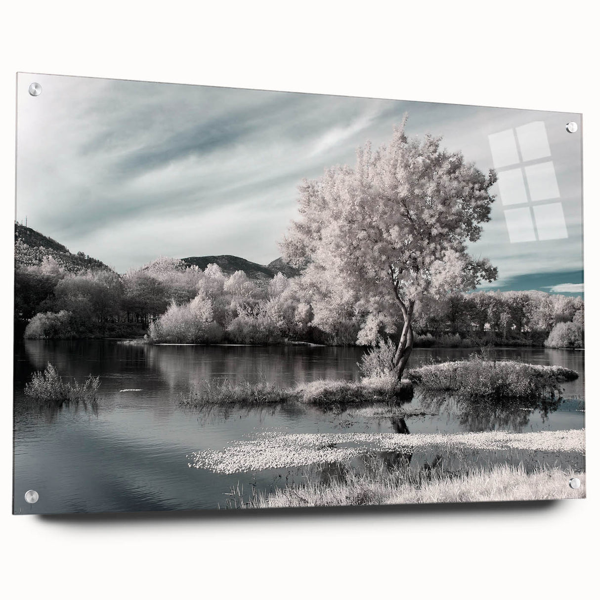 Acrylic glass wall art piece showcasing a serene landscape with tranquil lake reflections, framed in a sleek side-view design, ideal for modern decor.