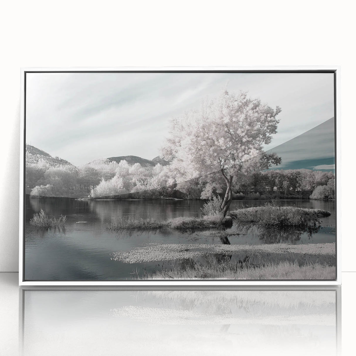 Framed wall art featuring a serene lake landscape design with vibrant colors, set in a sleek white frame, ideal for home decor enhancement and tranquility.