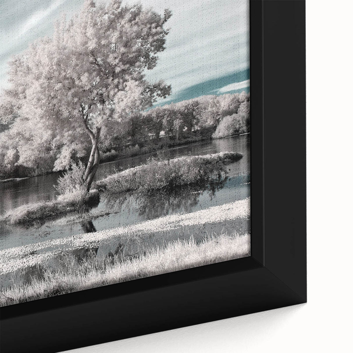 Framed canvas wall art featuring a serene landscape scene with tranquil lakes and lush greenery, showcasing vibrant colors and intricate details for home decor.
