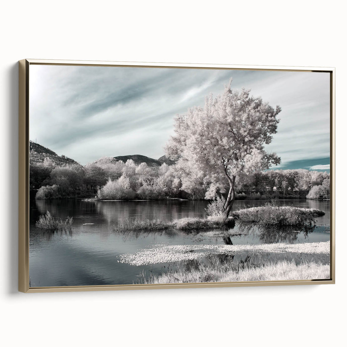 Framed wall art featuring a serene lakeside landscape design, elegantly displaying gold accents and a textured canvas surface, perfect for home decor.