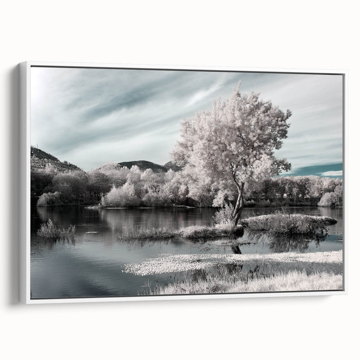 Framed canvas wall art depicting a serene landscape with a tranquil lake and lush greenery, showcasing vibrant colors and artistic details, perfect for home decor.