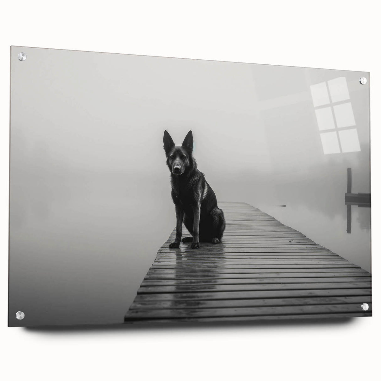 Acrylic glass artwork showcasing a serene lakeside landscape, featuring vibrant colors and intricate details, elegantly displayed with pins against a neutral backdrop. Perfect for enhancing home decor and creating a calming atmosphere.