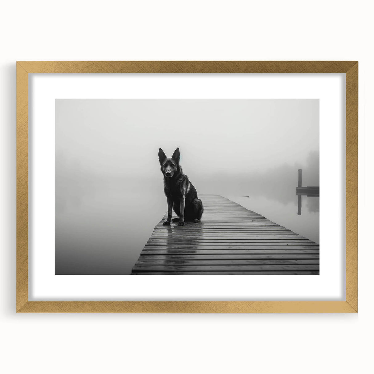 Elegant framed wall art featuring a serene landscape of a tranquil lake surrounded by lush greenery, highlighted by a gold mat and frame, ideal for home decor.