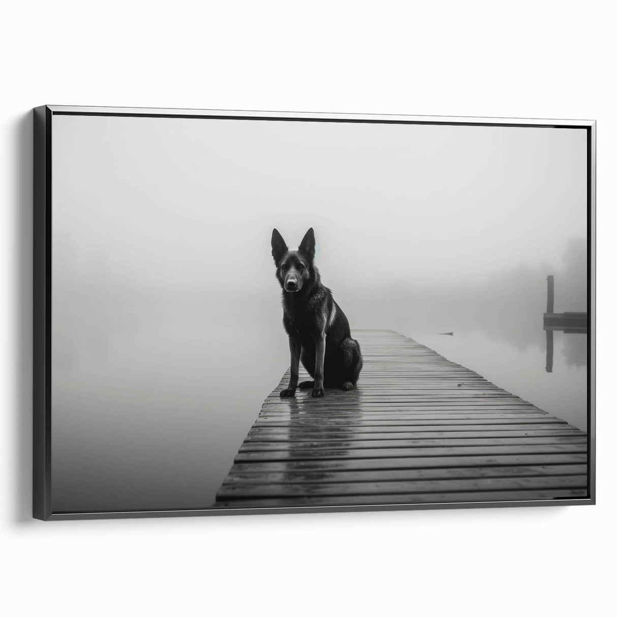 Framed canvas wall art featuring a serene lake landscape design, showcasing tranquil blues and greens, with a sleek black frame for modern decor enhancement. Ideal for enhancing living spaces and creating a calming atmosphere.