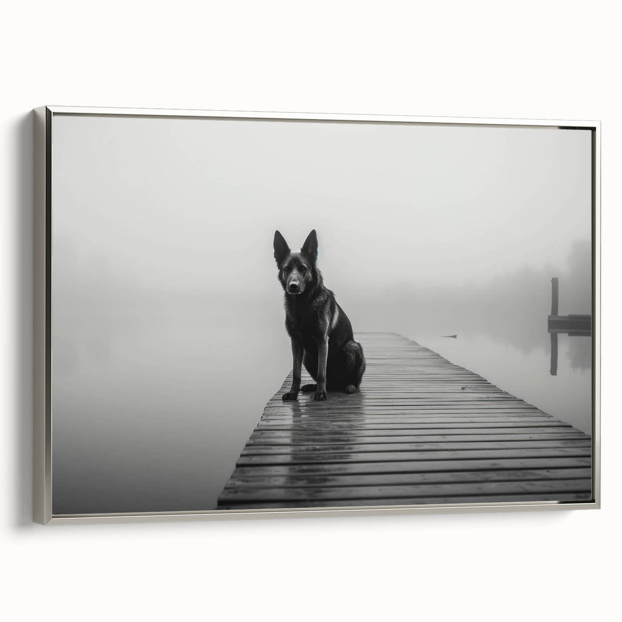 Framed canvas wall art showcasing a serene lake landscape with silver accents, ideal for enhancing modern home decor. The artwork captures tranquil blues and greens, perfect for living spaces.