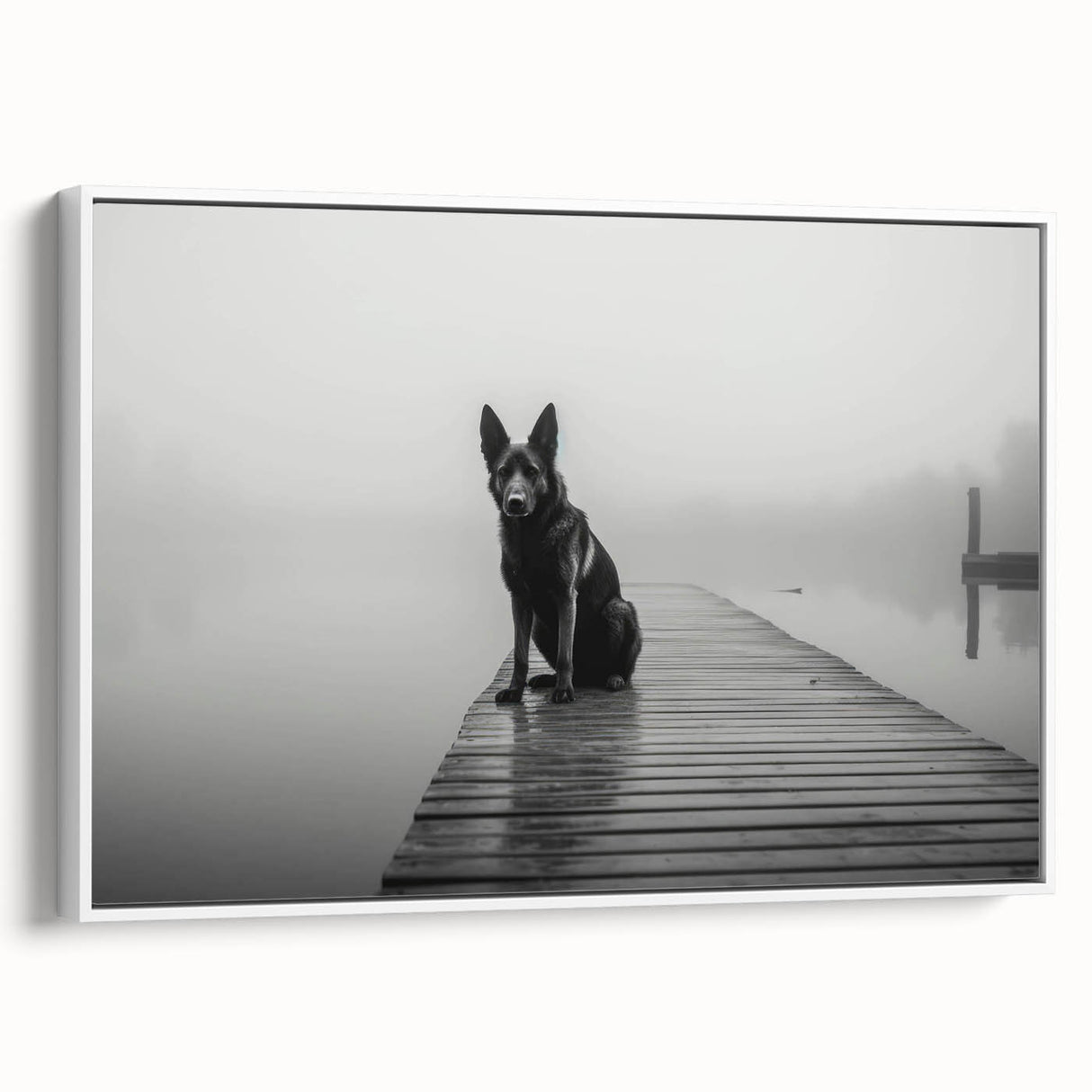 Framed canvas wall art showcasing a serene lake landscape scene with vibrant colors, presented from a side view against a white background, ideal for home decor.