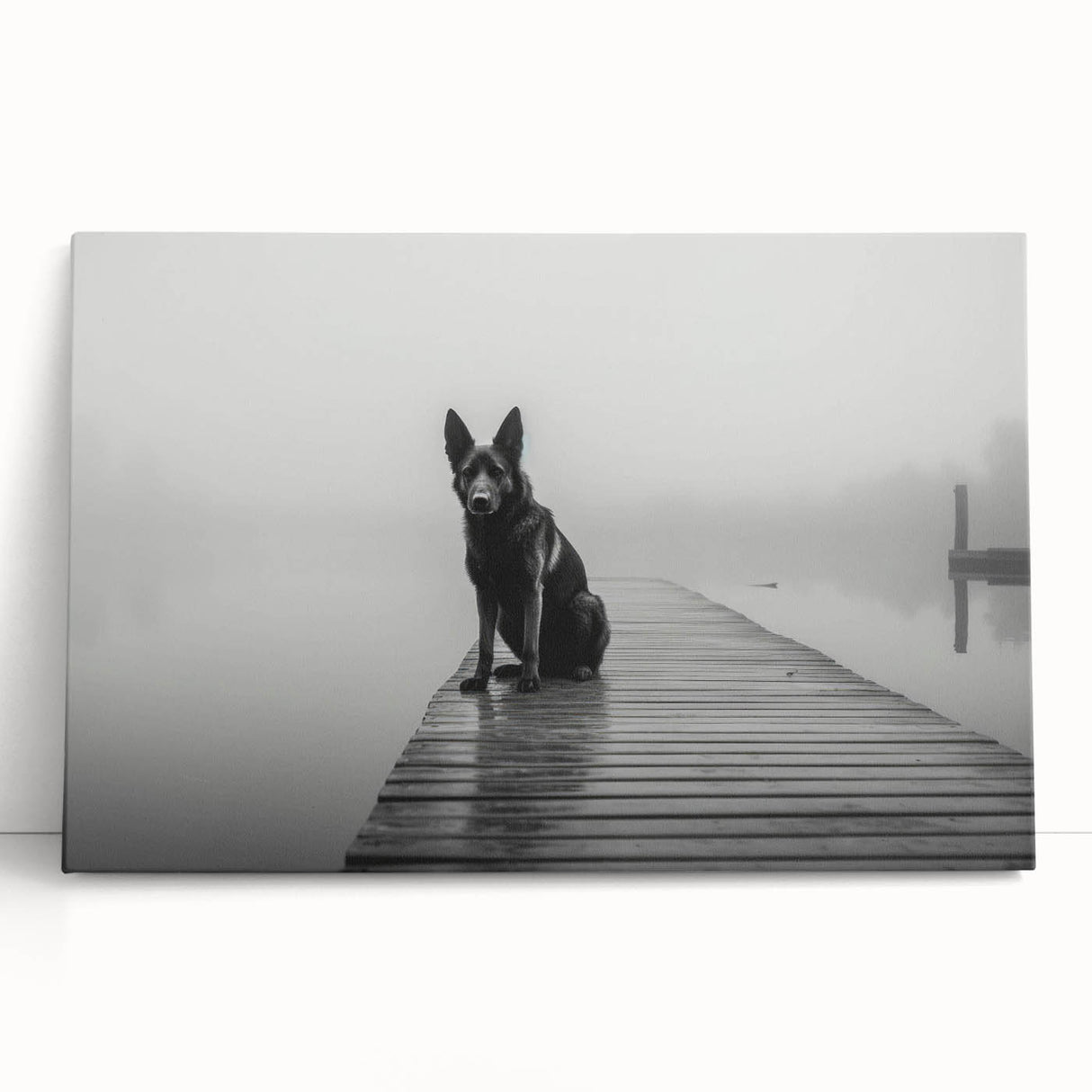 Stretched canvas wall art showcasing a serene lake landscape with vibrant colors and rich textures, leaning against a neutral wall, perfect for home decor.