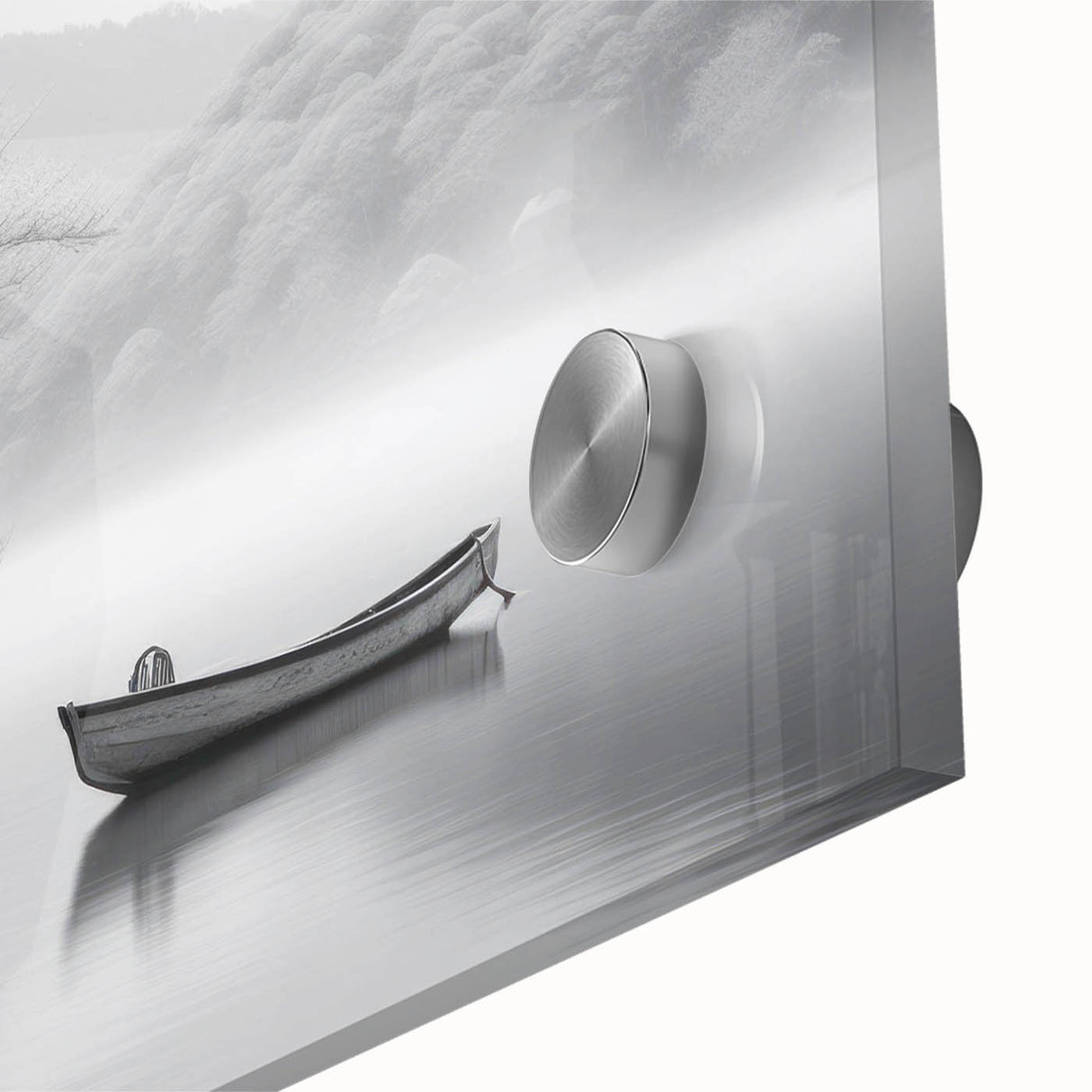 Close-up of a stunning acrylic glass wall art piece depicting serene landscapes and tranquil lakes, showcasing vibrant colors and intricate details, perfect for home decor.