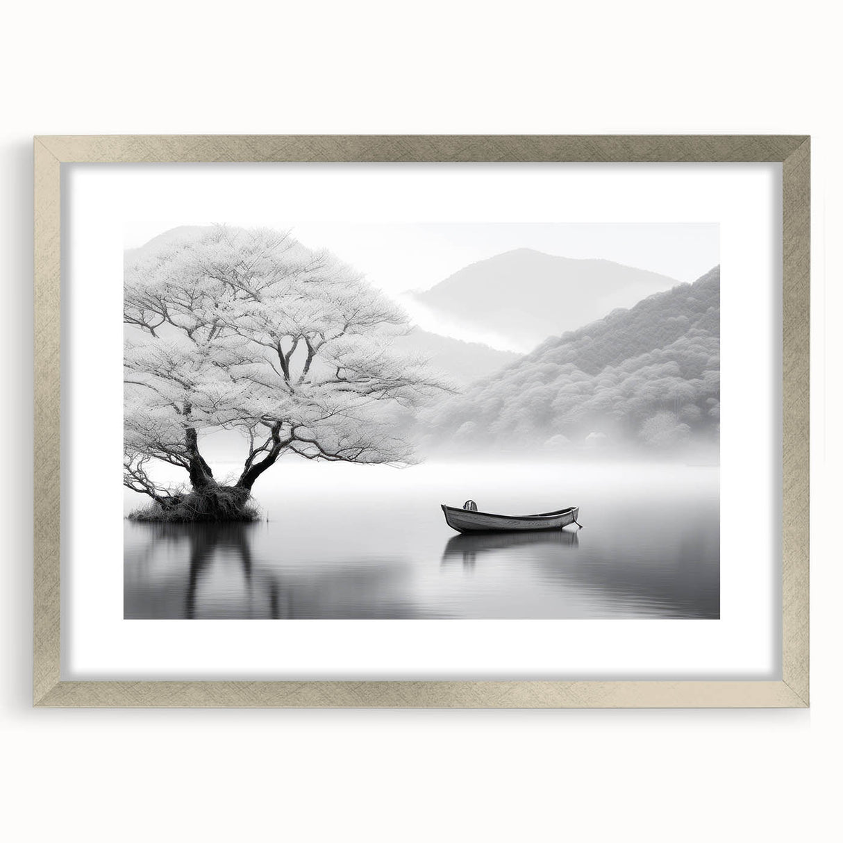 Framed wall art collection featuring serene landscape and lake designs, elegantly displayed with a silver mat and frame, perfect for enhancing home decor.