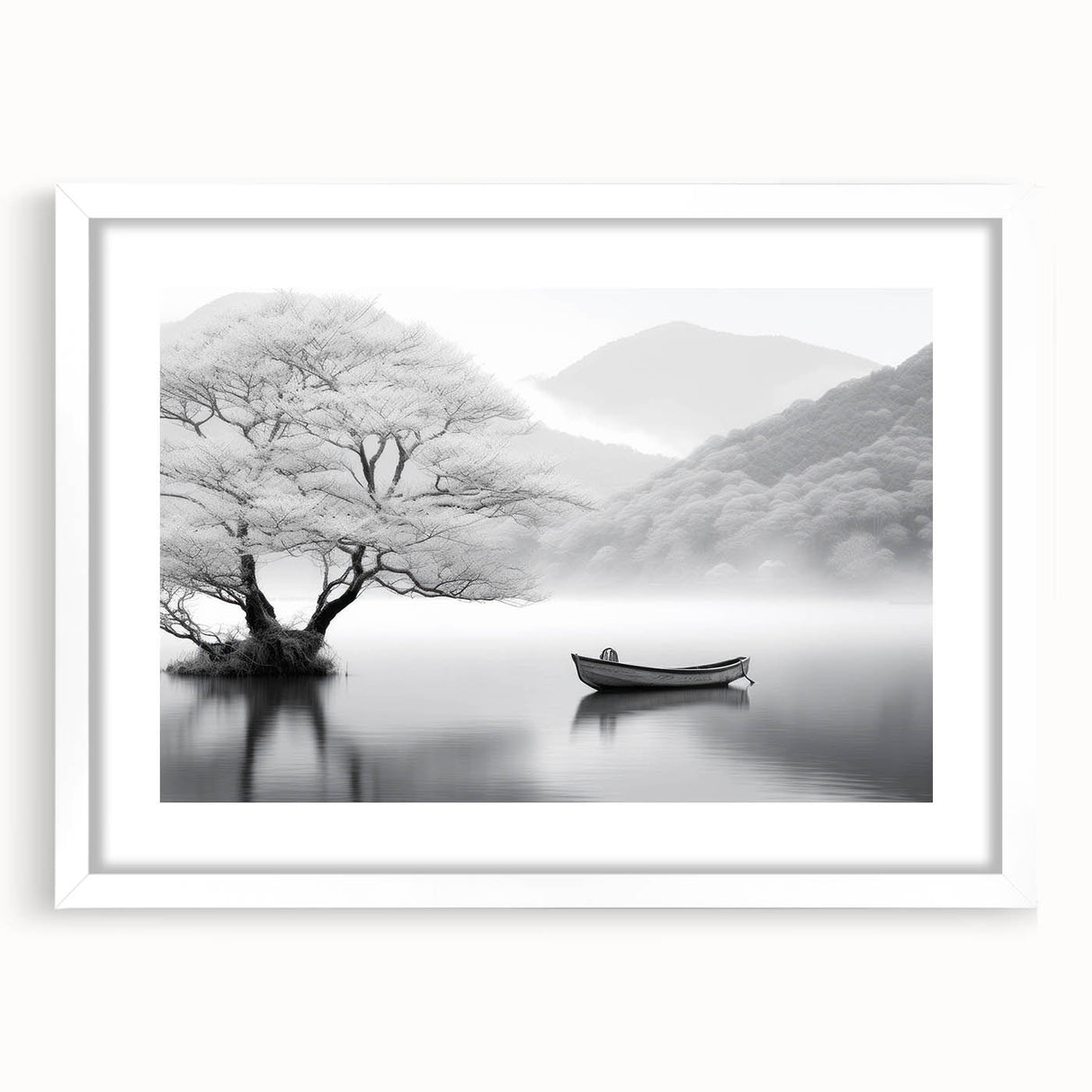 Framed wall art collection featuring serene landscape lake designs, with a white mat and elegant frame, ideal for home decor and interior styling.