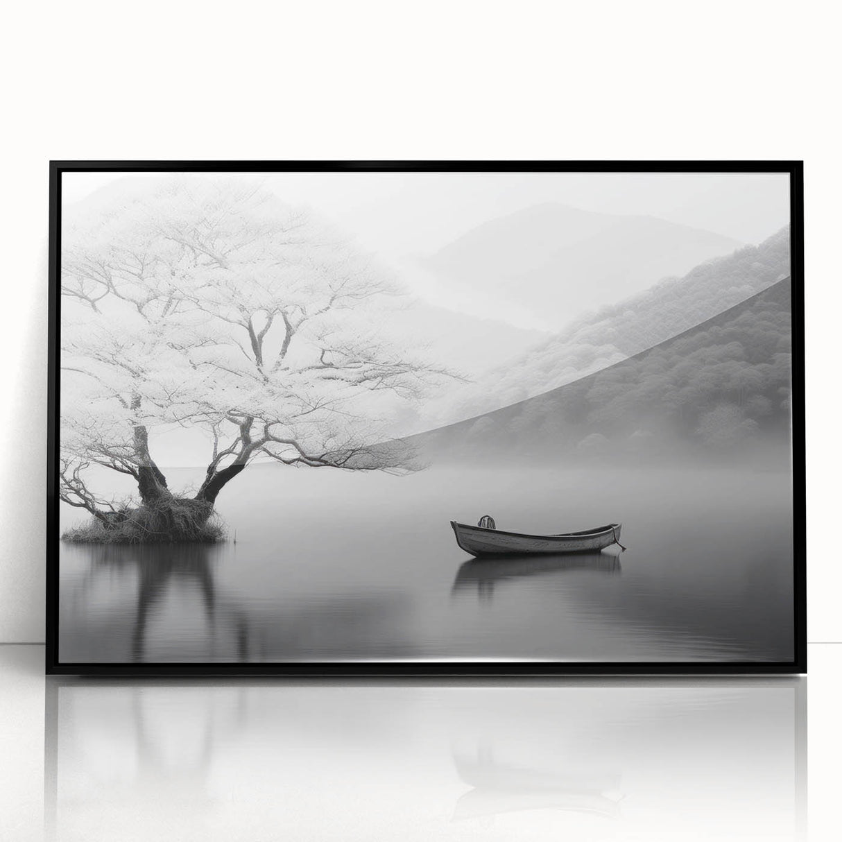 Framed acrylic wall art featuring a tranquil lakeside landscape design with vibrant colors, mounted in a sleek black frame, perfect for home decor.