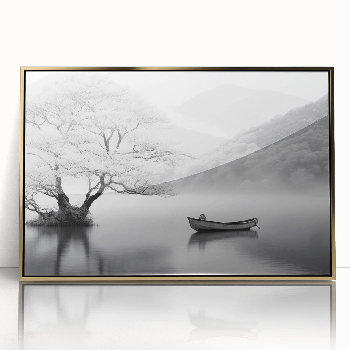 Framed wall art collection showcasing a serene lake landscape with vibrant colors, gold-accented frame, ideal for enhancing modern home décor in living spaces.