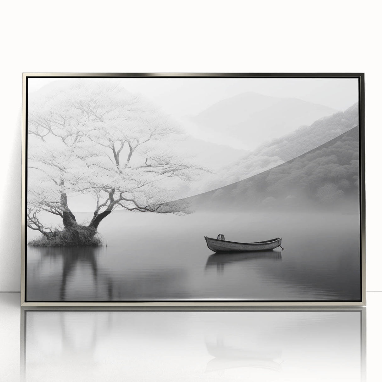 Framed acrylic wall art featuring a serene lake landscape in a silver frame, showcasing vibrant colors and intricate details, ideal for home decor enhancement.