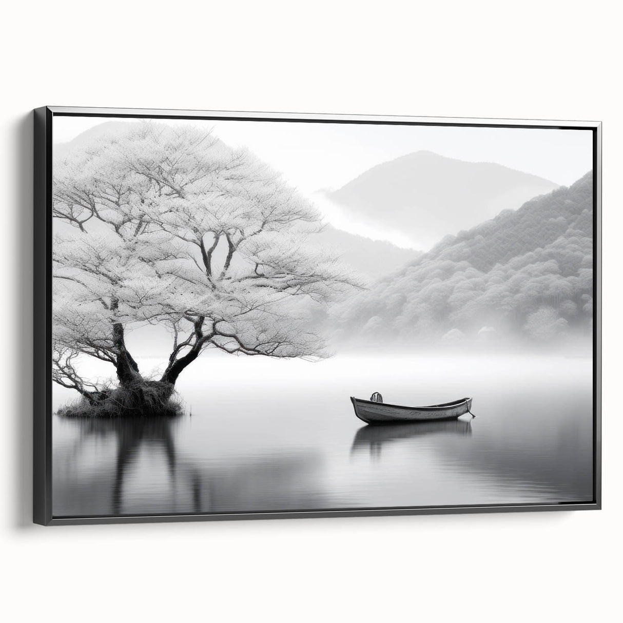 Framed canvas wall art showcasing a serene landscape with a tranquil lake and mountains in the background, featuring a sleek black frame and side view for depth. Perfect for enhancing home decor with nature-inspired aesthetics.