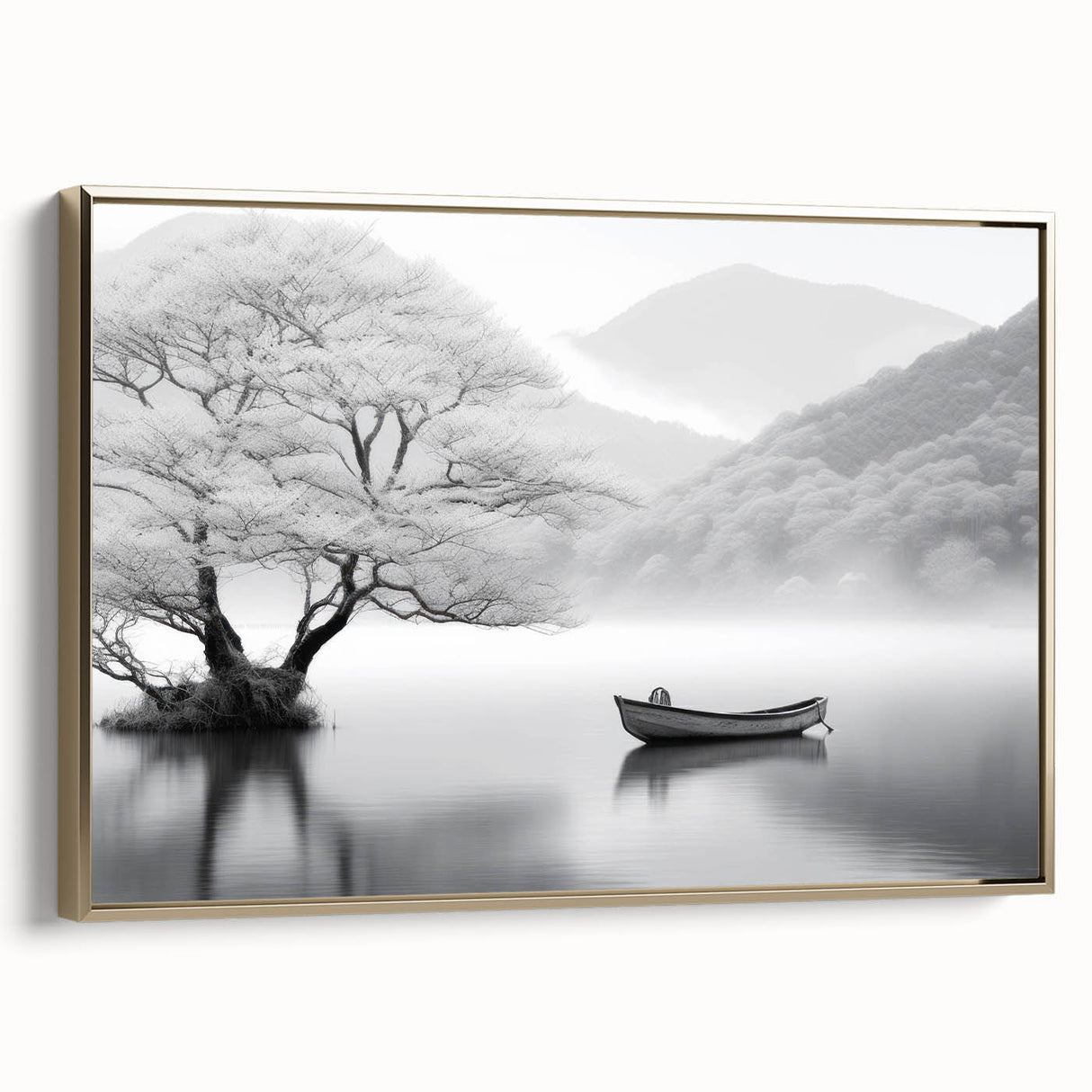 Framed canvas wall art showcasing a serene landscape with tranquil lakes, accented by a gold frame, perfect for enhancing home decor aesthetics.