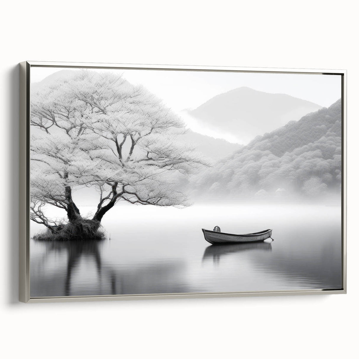 Framed canvas wall art showcasing a serene lake landscape design with a silver frame, ideal for enhancing modern home decor and creating a calming atmosphere.