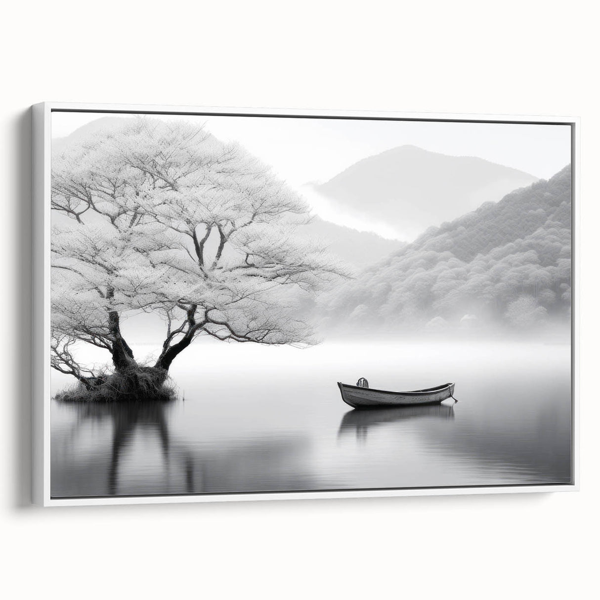 Framed canvas wall art showcasing a serene lake landscape with vibrant colors and intricate details, elegantly displayed against a white background, ideal for home decor.