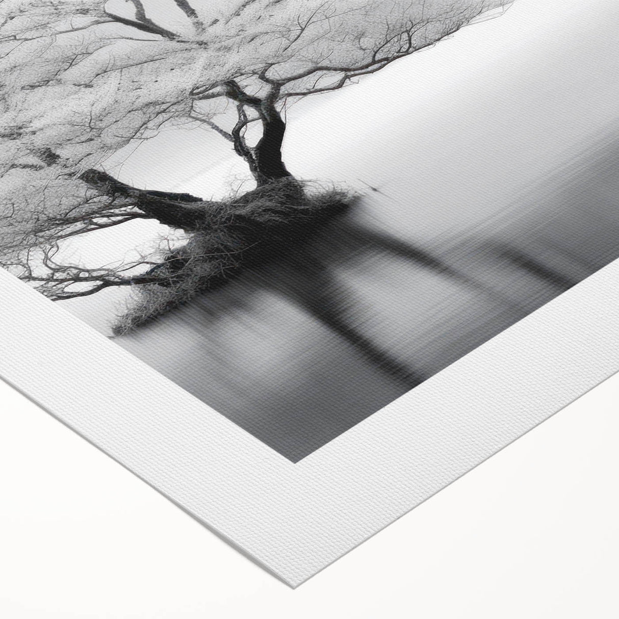 Rolled canvas artwork showcasing a serene lakeside landscape with lush greenery and vibrant blue water, ideal for home decor and nature-inspired interiors.