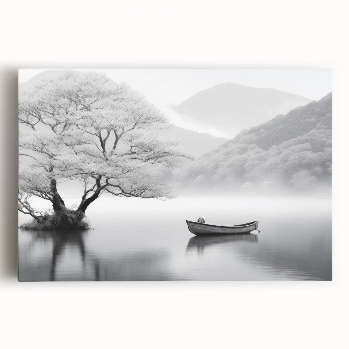 Stretched canvas wall art showcasing a serene lake landscape with vibrant colors and detailed scenery, perfect for enhancing home decor.