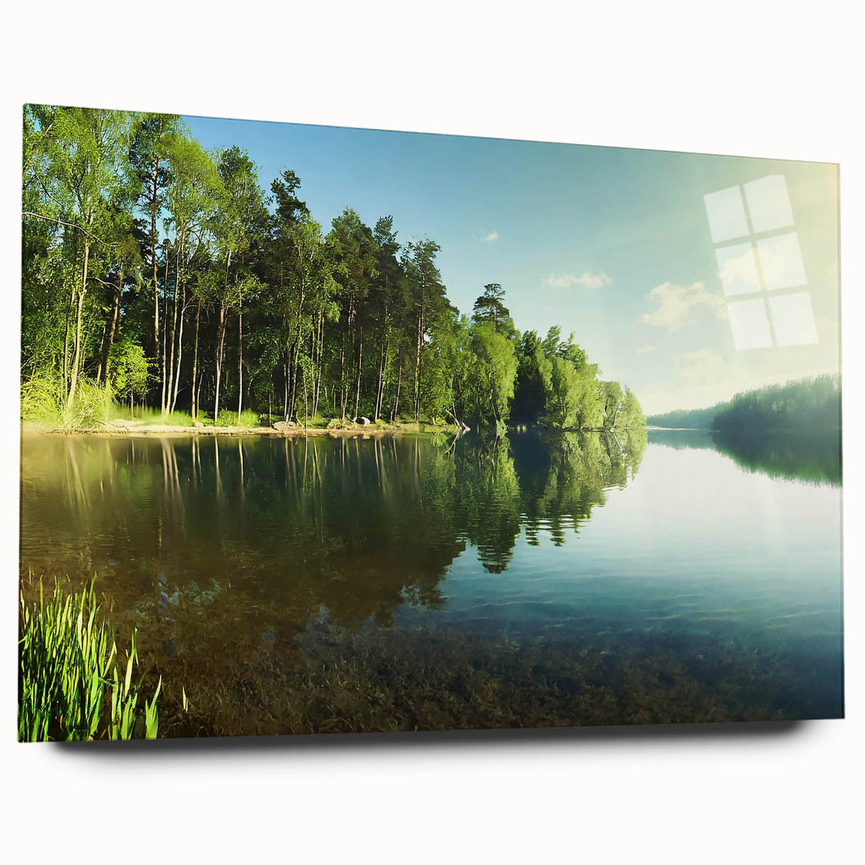 Acrylic glass wall art showcasing a serene lake landscape design in a side view, highlighting vibrant colors and intricate details, ideal for modern home decor.