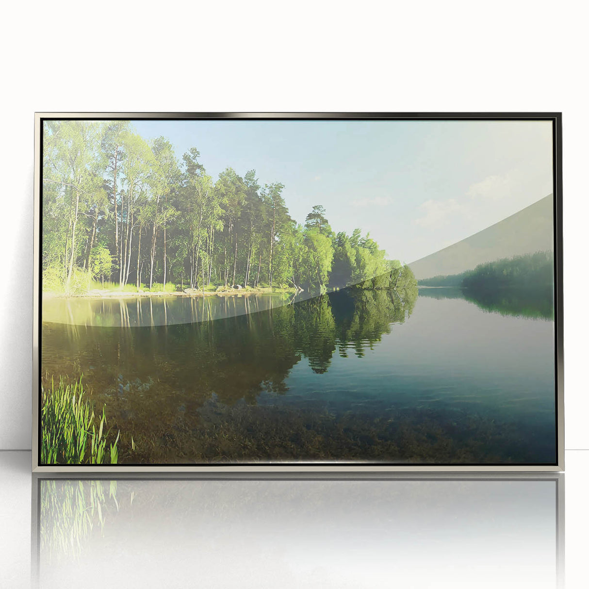 Framed acrylic wall art showcasing a serene lakeside landscape with vibrant colors and intricate details, designed to enhance modern home decor.