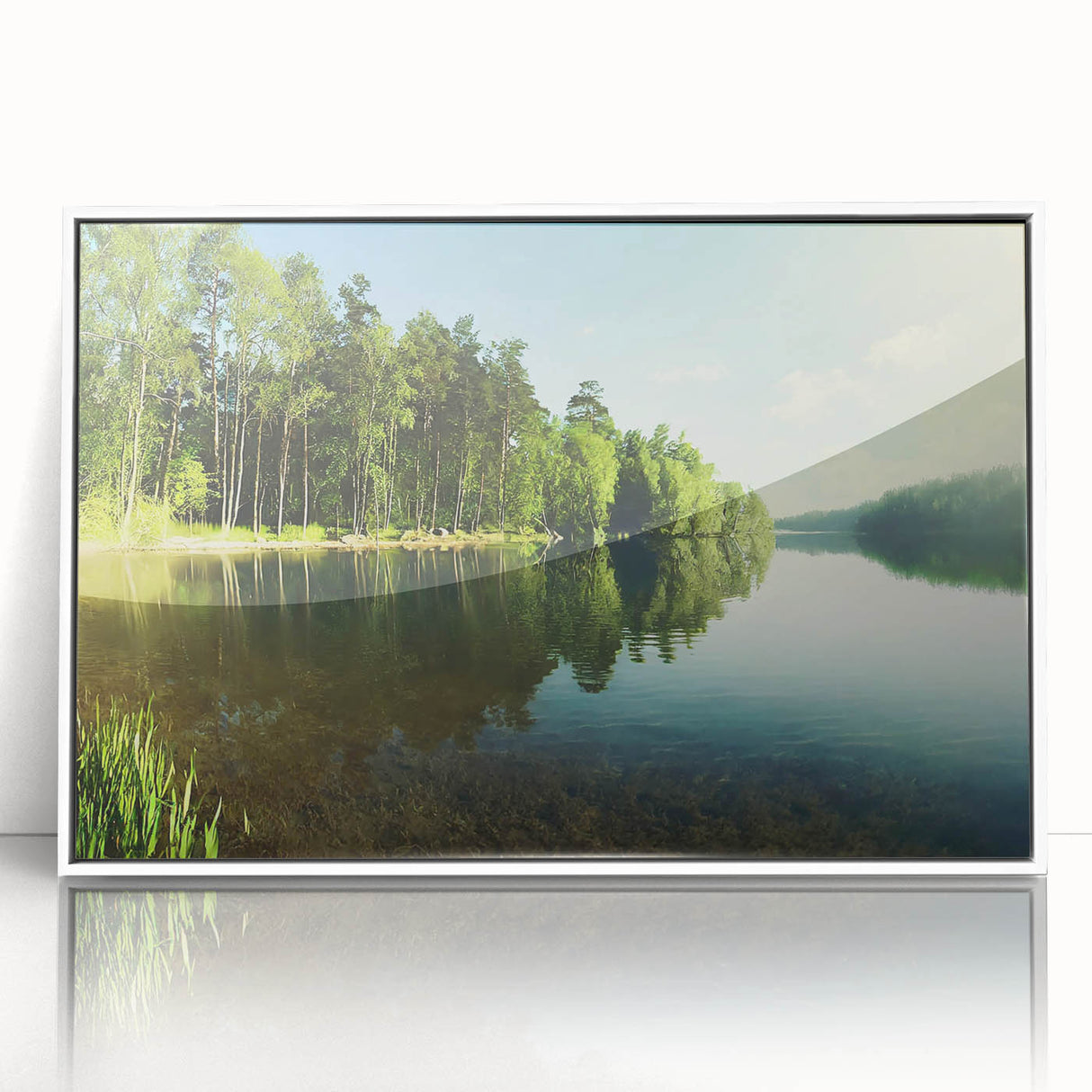 Framed acrylic wall art featuring a serene landscape with a tranquil lake scene, white frame accentuating the artwork, perfect for home decor.