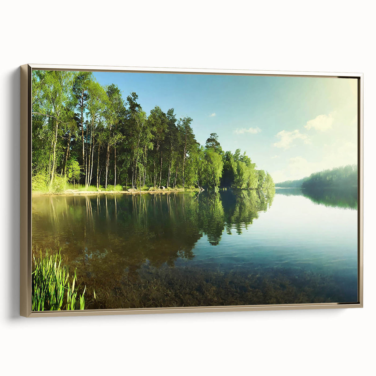 Framed canvas wall art showcasing a serene lakeside landscape with vibrant colors, gold accents, and a modern design, perfect for home decor enhancement.