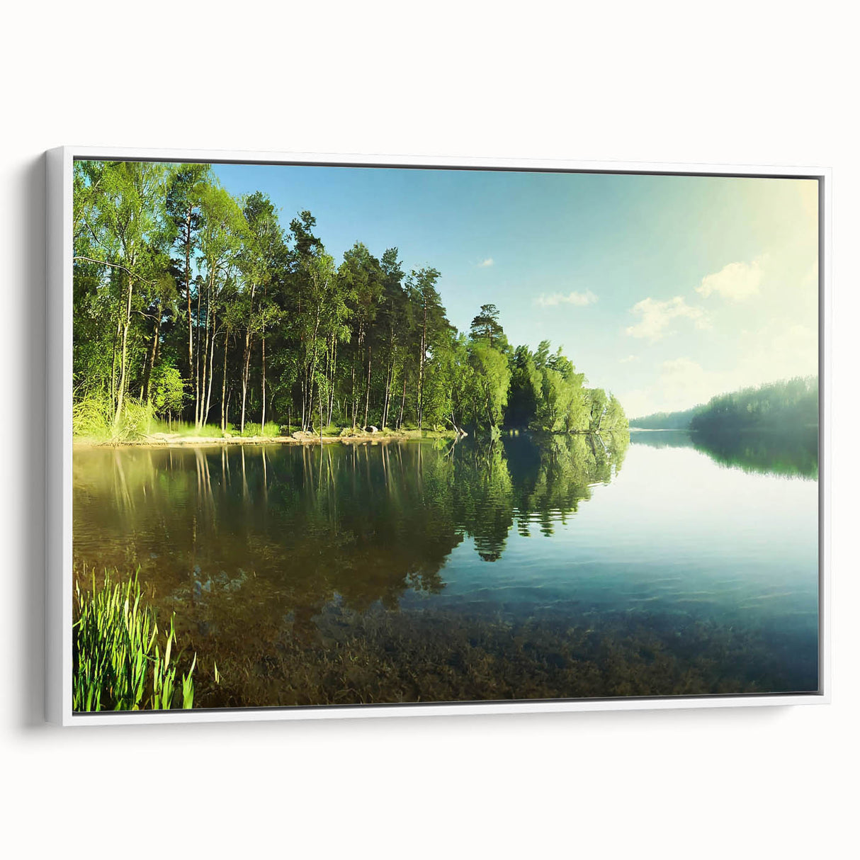 Framed canvas wall art showcasing a serene lake landscape in soft blues and greens, designed for home decor with a modern aesthetic, viewed from the side.