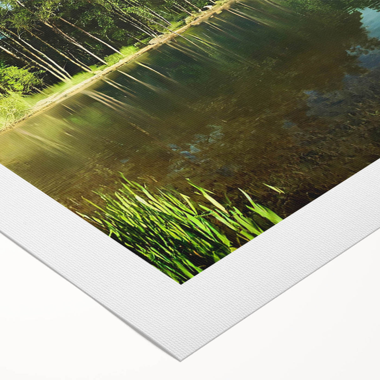 Serene landscape wall art on rolled canvas, showcasing a tranquil lake scene with vivid colors and reflections, ideal for home decor and interior design.