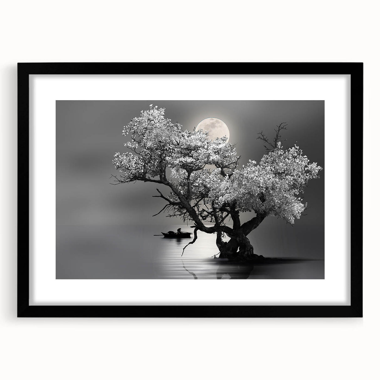 Framed wall art collection showcasing serene landscapes and tranquil lakes, featuring a sleek black frame and mat, perfect for enhancing modern home decor.