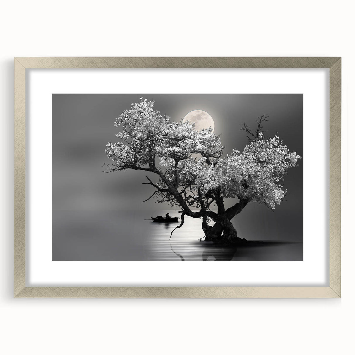 Framed silver wall art featuring a serene landscape of lakes, designed for home decor, showcasing vibrant colors and intricate details in a sophisticated setting.