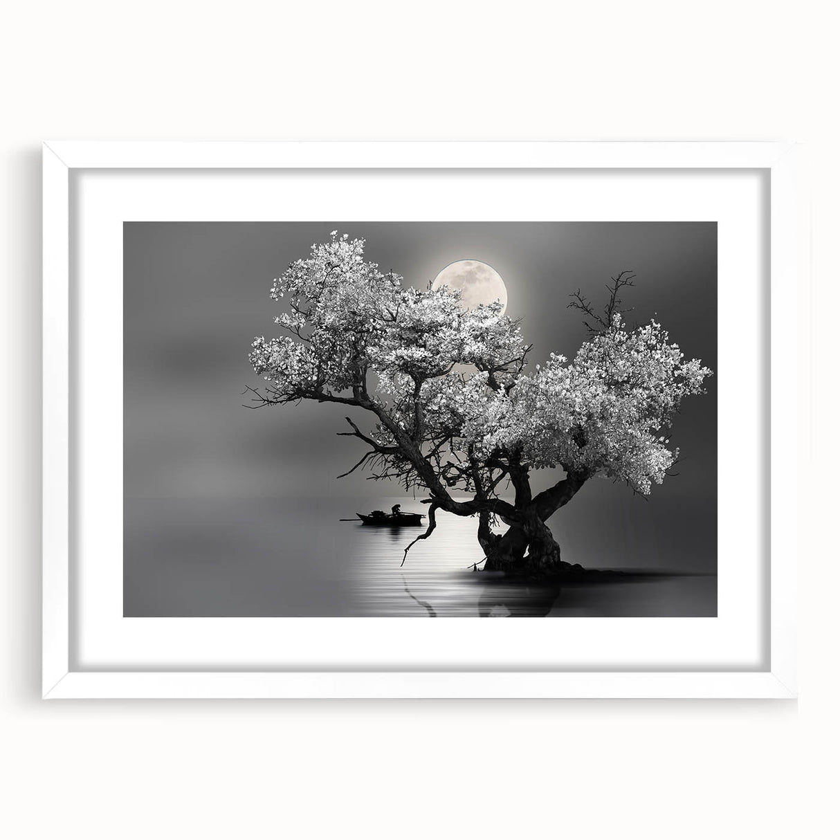 Framed wall art collection showcasing serene lake landscapes, featuring a white mat and elegant frame, ideal for enhancing home decor. Perfect for nature lovers.